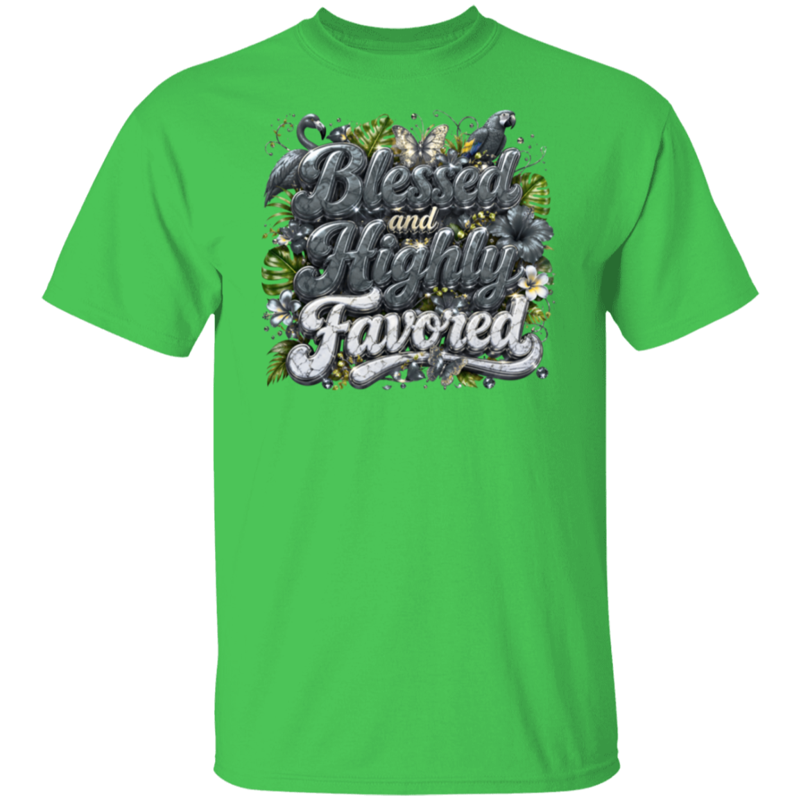 An electric green short-sleeve crewneck t-shirt featuring a large graphic print on the chest with the phrase 'Blessed and Highly Favored' in stylized gray lettering.