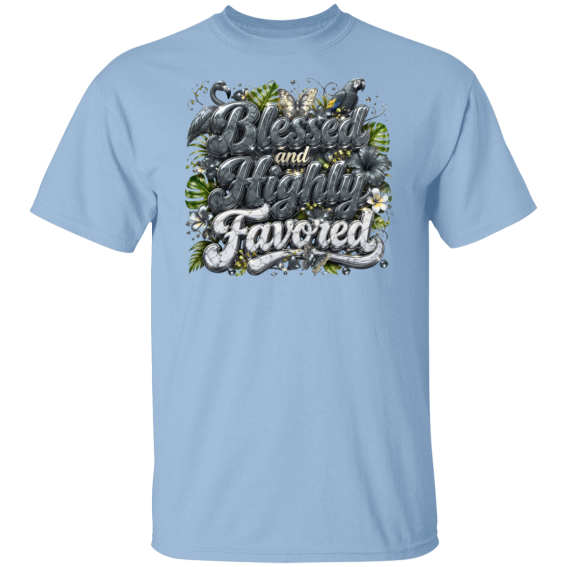 A light blue short-sleeve crewneck t-shirt featuring a large graphic print on the chest with the words 'Blessed and Highly Favored' in stylized lettering, decorated with butterflies, flowers, and green leaves and small birds.
