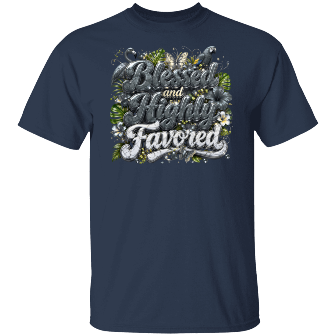 A navy blue short-sleeve crewneck t-shirt featuring a large graphic on the chest with the text 'Blessed and Highly Favored' in stylized silver lettering, surrounded by green leaves, white flowers, and butterflies, shown against a plain white background.