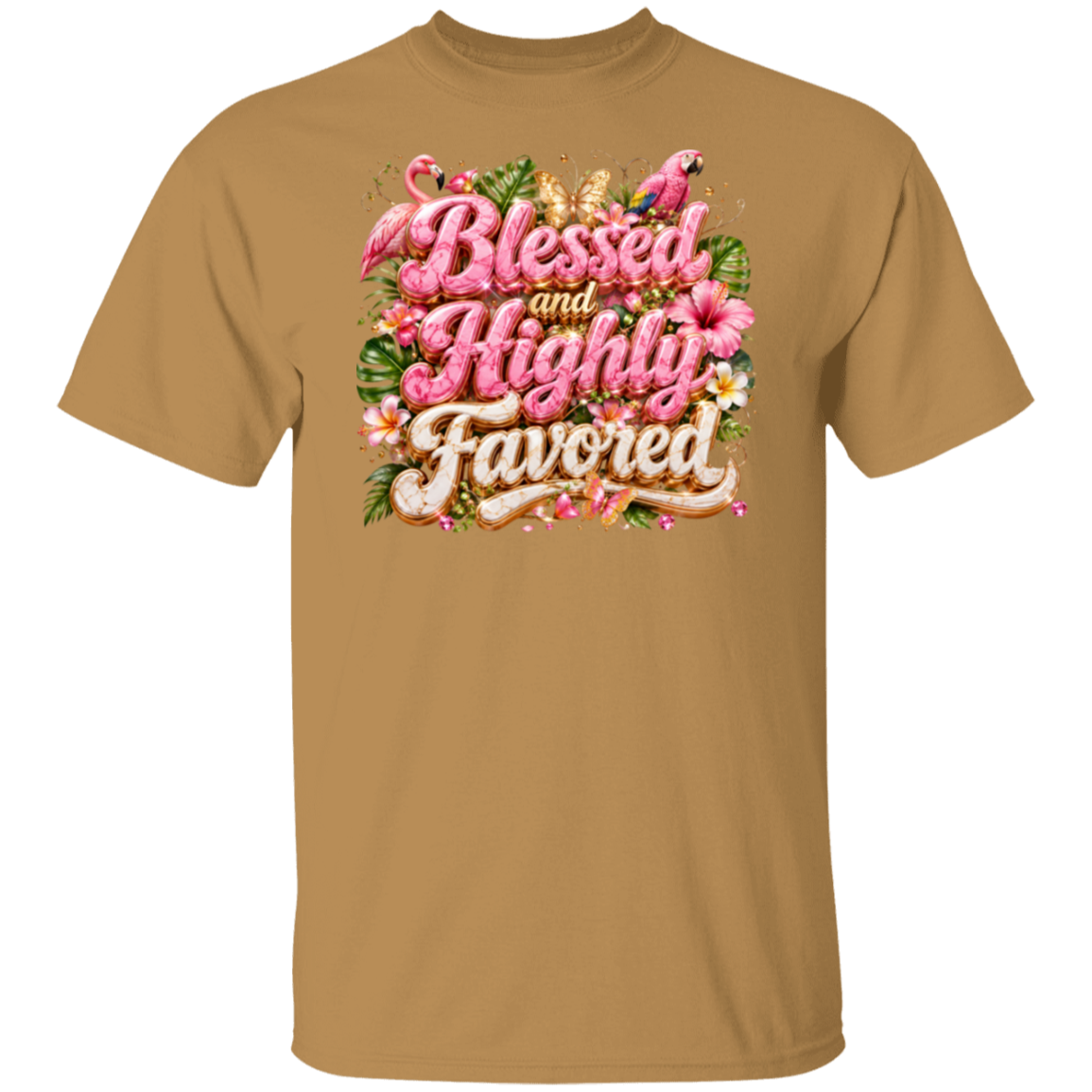 An old gold color crewneck t-shirt featuring a colorful graphic print on the chest with the text 'Blessed and Highly Favored' in pink and white script, decorated with tropical flowers, birds, and leaves.