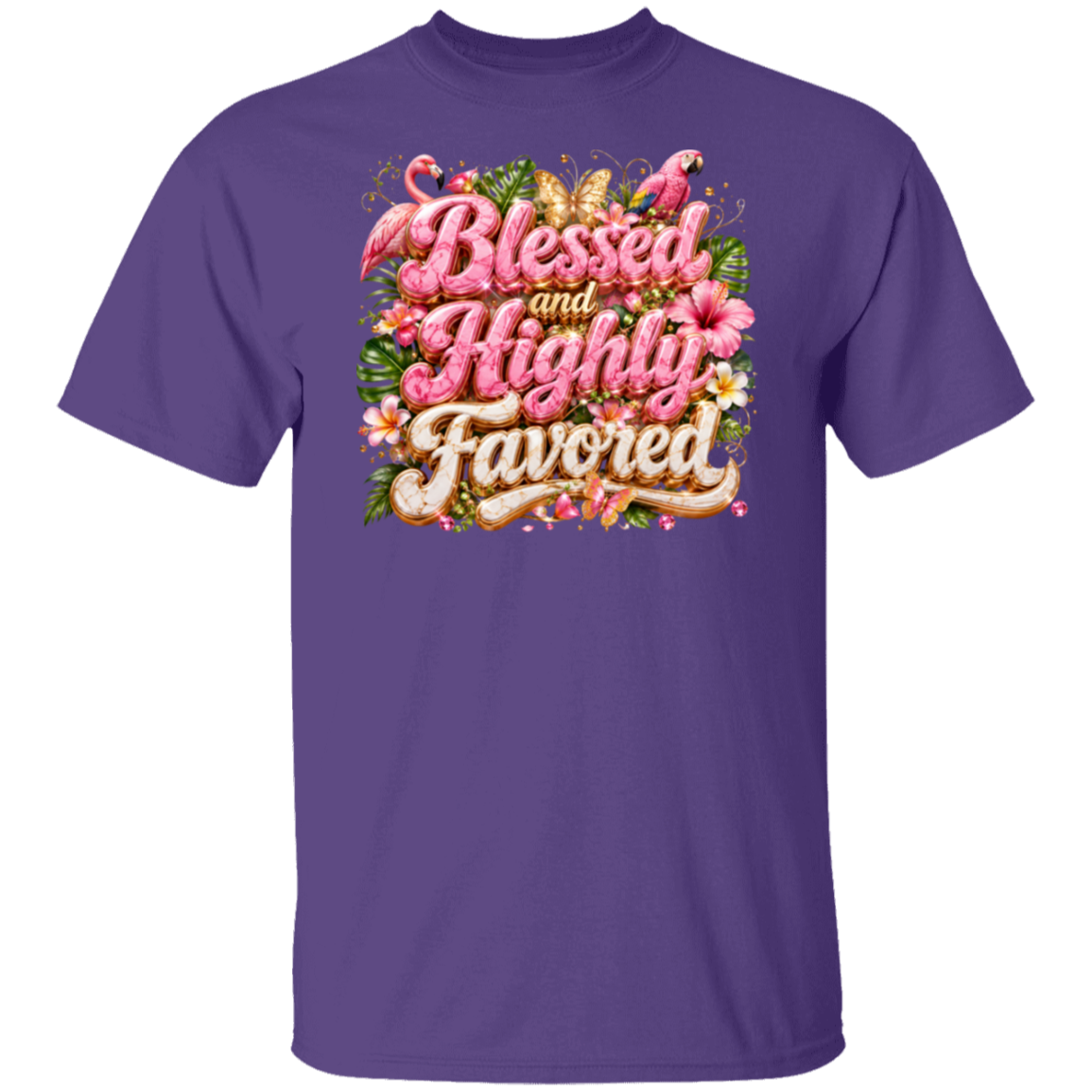 A purple color short-sleeve crewneck t-shirt featuring a colorful graphic on the chest with the text 'Blessed and Highly Favored' in pink and gold lettering, decorated with tropical flowers, butterflies, and flamingos, shown on a plain white background.