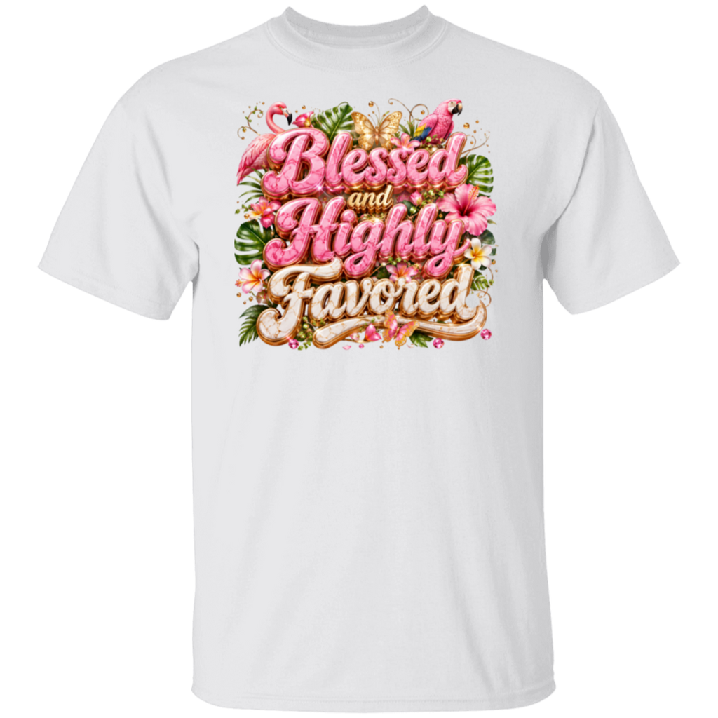 A white color short-sleeve crewneck t-shirt featuring a colorful graphic print on the chest with the text 'Blessed and Highly Favored' in pink and gold lettering, surrounded by tropical flowers and green leaves.