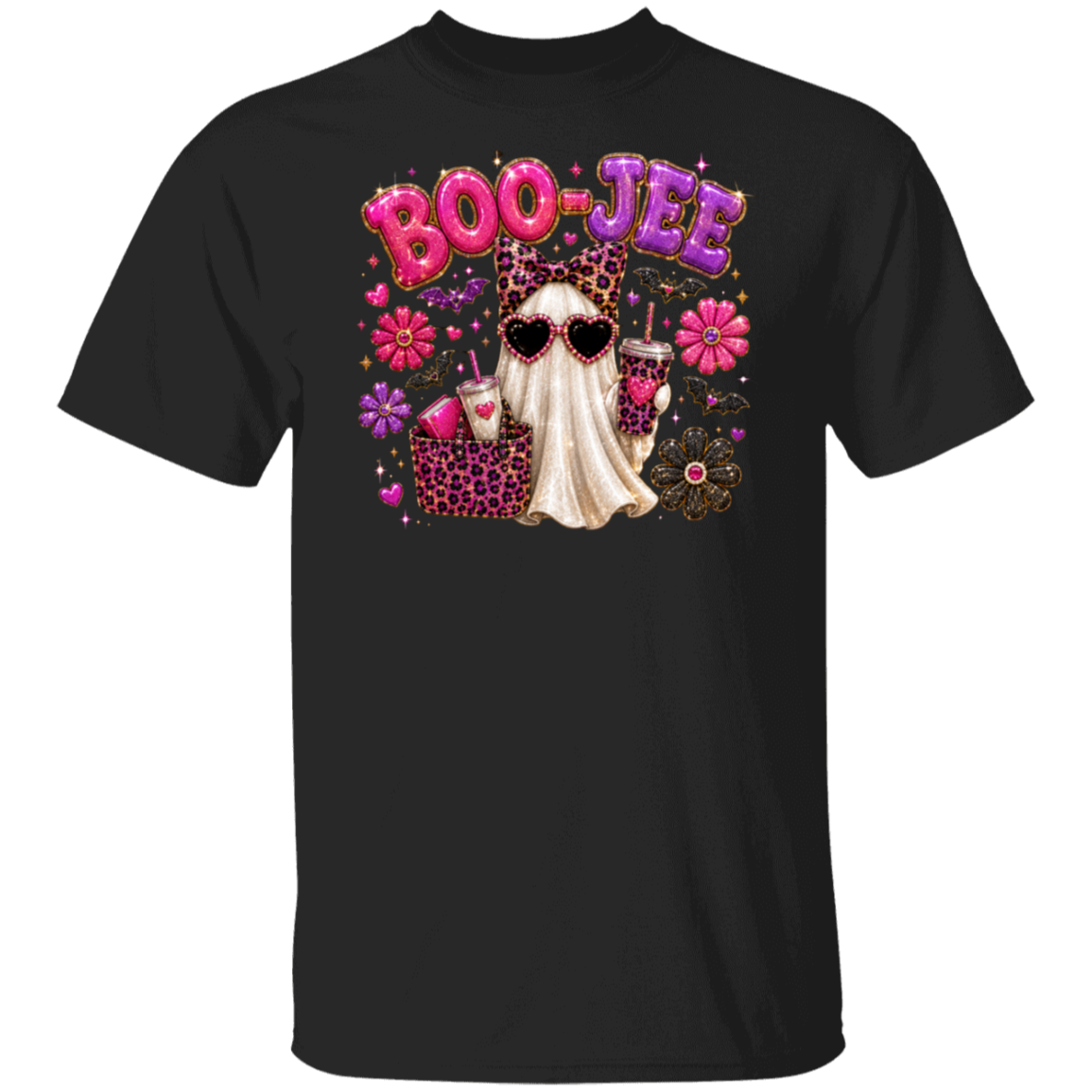 A black short-sleeve crewneck t-shirt featuring a colorful graphic print of a ghost in a white dress wearing leopard-print sunglasses, holding a drink, with 'BOO-JEE' written in pink and purple bubble letters above.