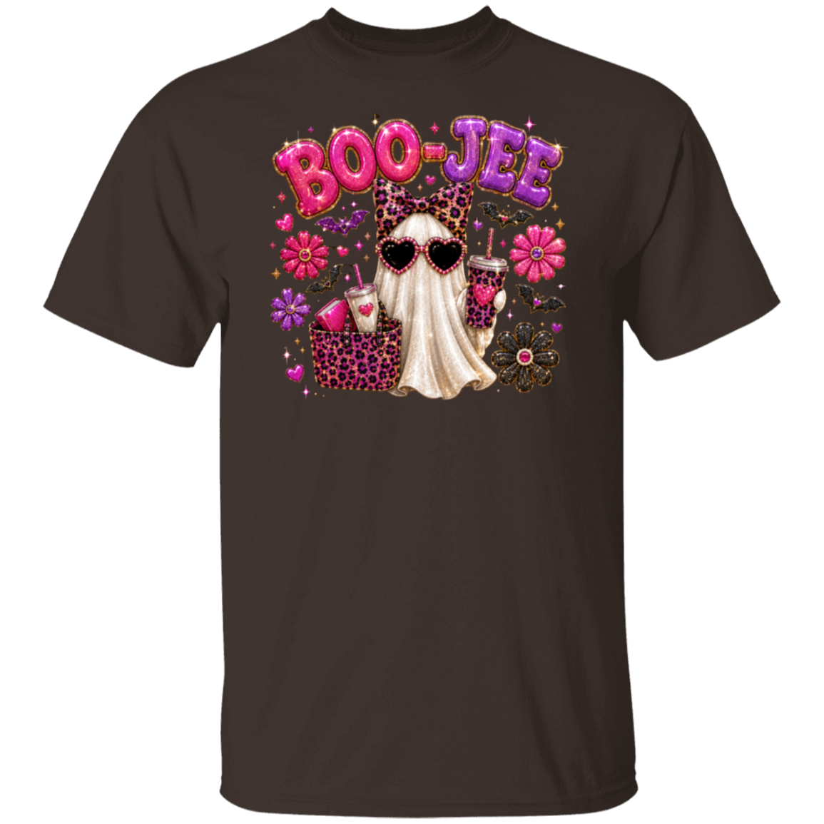 A dark chocolate color short-sleeve t-shirt with a colorful graphic on the chest featuring the text 'BOO JEE' in pink and purple bubble letters, a white ghost wearing leopard-print sunglasses, pink drinks, and flowers.