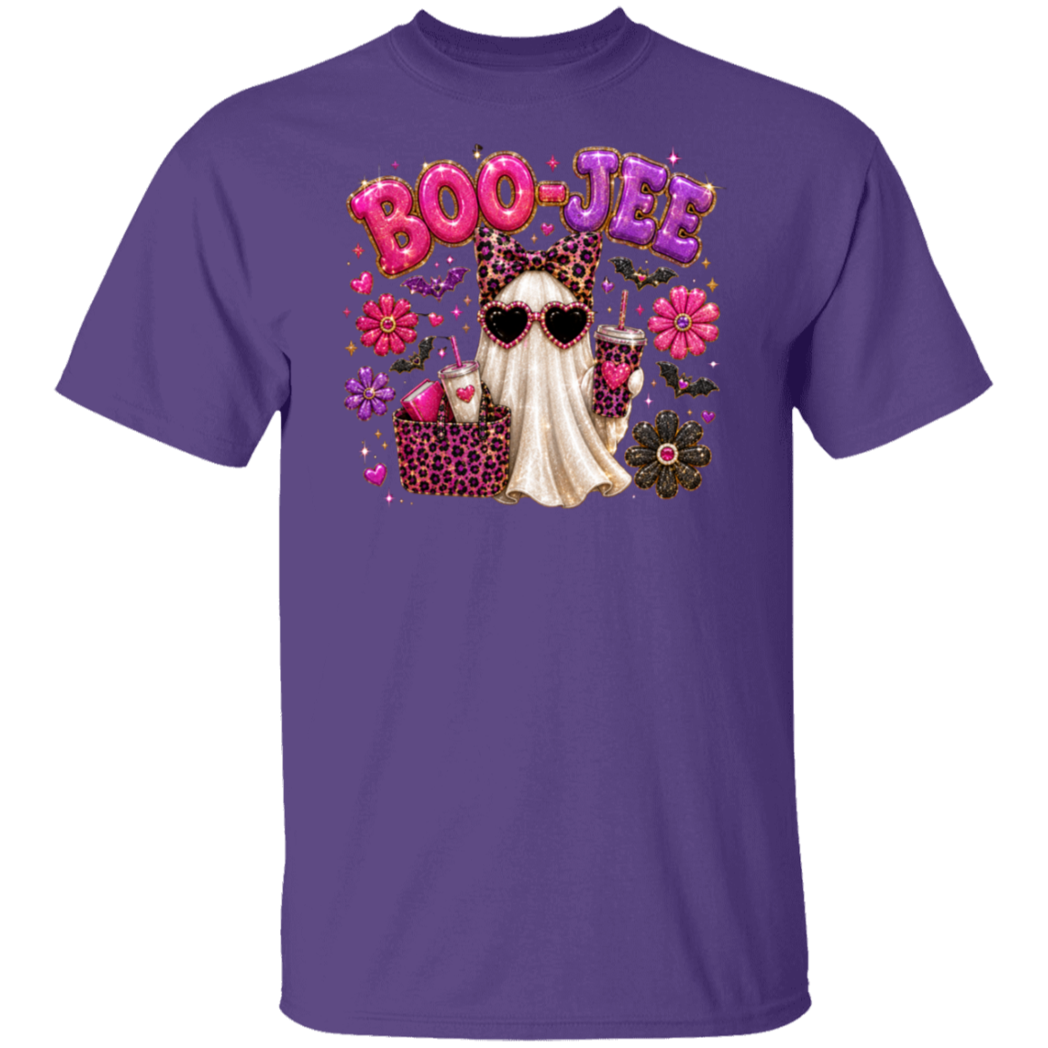 A purple short-sleeve crewneck t-shirt featuring a colorful graphic on the chest. The graphic displays the text 'BOO JEE' in pink bubble letters, with a ghost wearing leopard-print sunglasses and a matching headband, holding a pink drink, surrounded by pink flowers and small black bats.