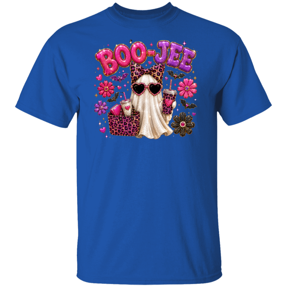 A royal blue short-sleeve crewneck t-shirt featuring a colorful 'BOO JEE' graphic on the chest. The graphic includes a white ghost wearing leopard-print sunglasses and a matching headband, holding a drink, surrounded by pink flowers, a pink suitcase, and the text 'BOO JEE' in pink bubble letters.