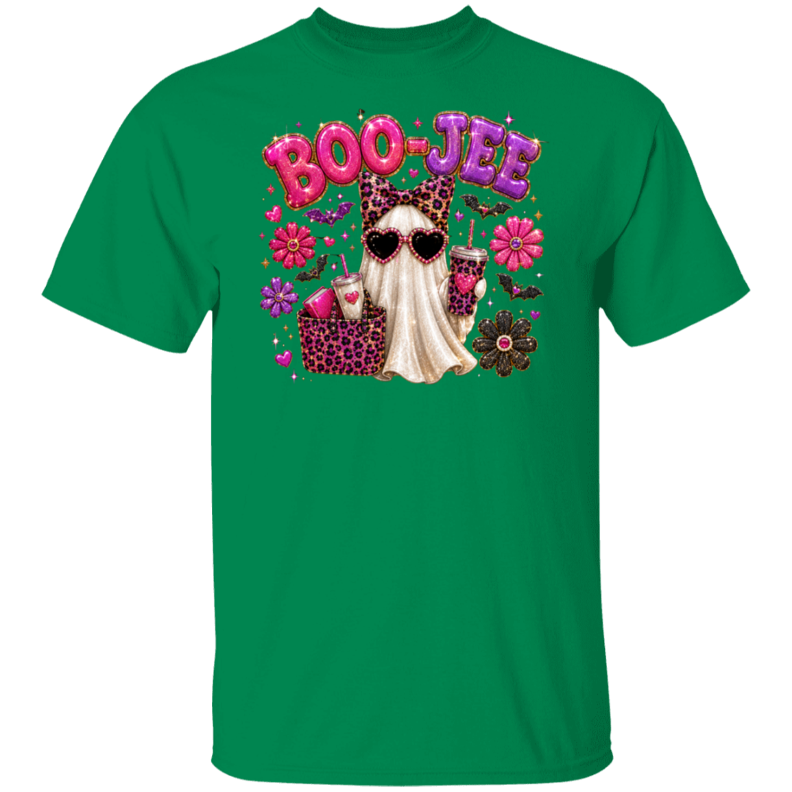A turf green short-sleeve crewneck t-shirt featuring a colorful graphic on the chest with the text 'BOO JEE' in pink and purple bubble letters, a white ghost wearing leopard-print sunglasses and a matching scarf, and pink flowers.