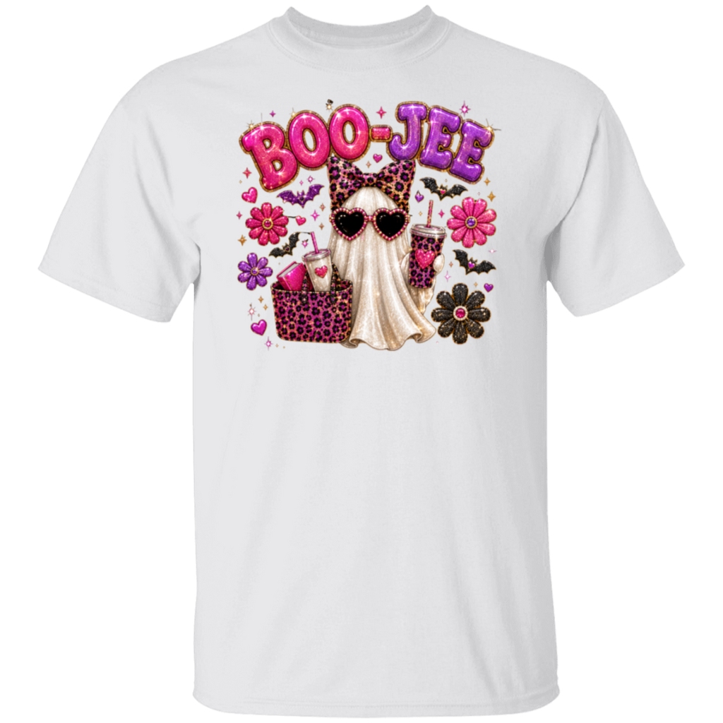 A white short-sleeve crewneck t-shirt featuring a colorful graphic print on the front. The graphic displays the text 'BOO-JEE' in pink and purple bubble letters, surrounded by a cute cartoon ghost wearing leopard-print sunglasses and a matching leopard-print top, with pink drinks, flowers, and bats.