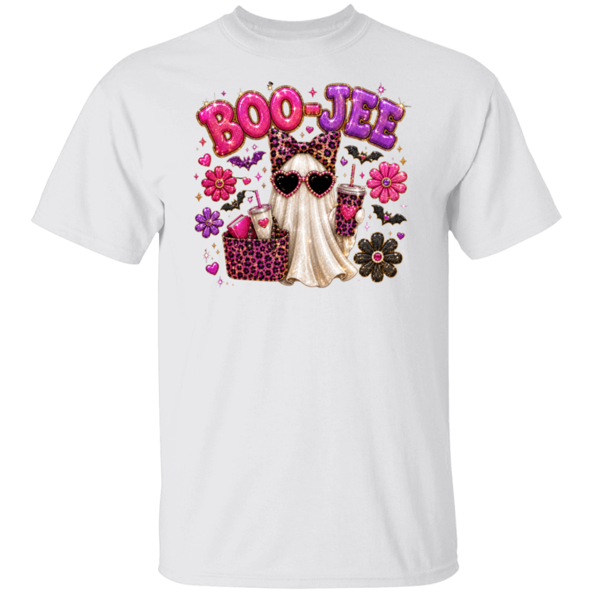 A white short-sleeve crewneck t-shirt featuring a colorful graphic print on the front. The graphic displays the text 'BOO-JEE' in pink and purple bubble letters, surrounded by a cute cartoon ghost wearing leopard-print sunglasses and a matching leopard-print top, with pink drinks, flowers, and bats.