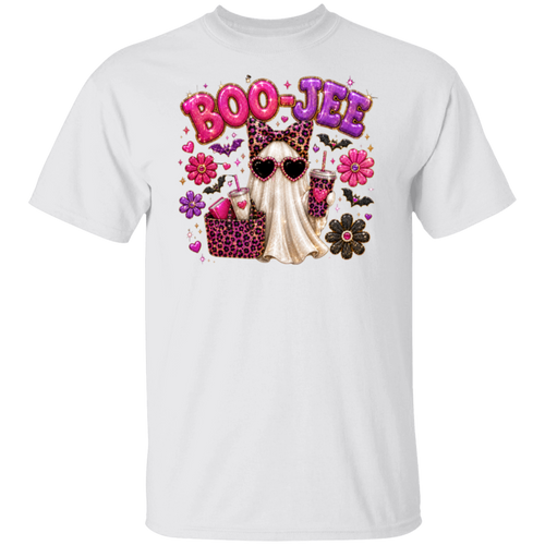 A white short-sleeve crewneck t-shirt featuring a colorful graphic print on the front. The graphic displays the text 'BOO-JEE' in pink and purple bubble letters, surrounded by a cute cartoon ghost wearing leopard-print sunglasses and a matching leopard-print top, with pink drinks, flowers, and bats.