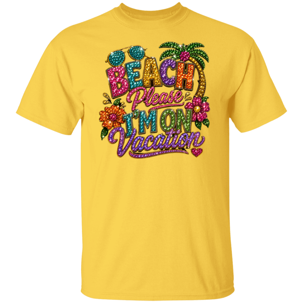 A daisy color short-sleeve crewneck t-shirt featuring a colorful, glittery graphic on the chest that reads 'BEACH Please Mom Vacation' with palm trees, flowers, and sunglasses.