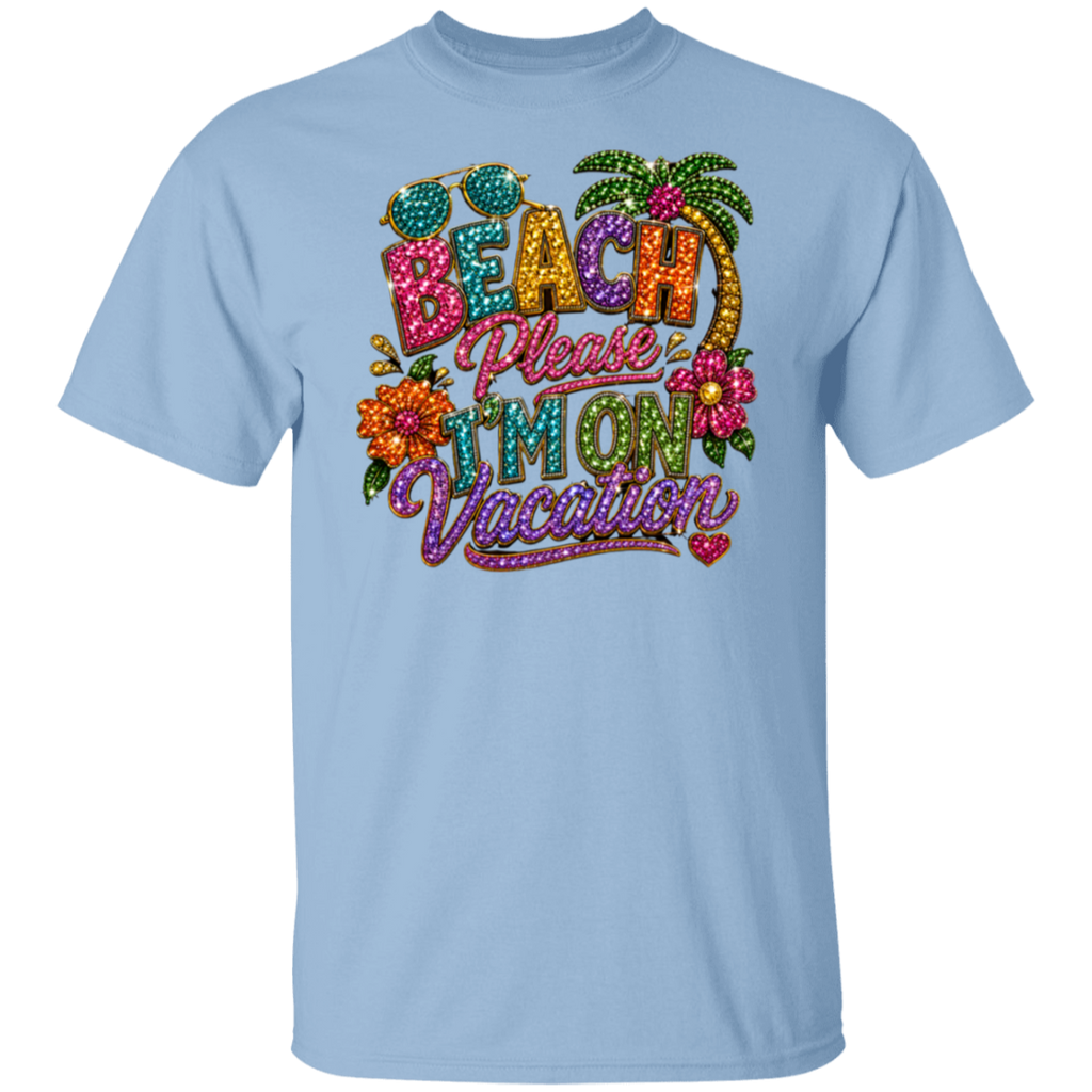 A light blue crewneck t-shirt featuring a colorful, glittery graphic that reads 'BEACH Please I'M ON Vacation' with palm trees, flowers, and sunglasses.