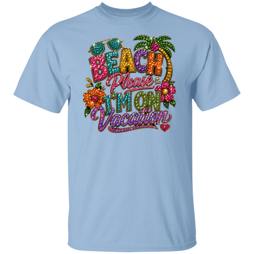 A light blue crewneck t-shirt featuring a colorful, glittery graphic that reads 'BEACH Please I'M ON Vacation' with palm trees, flowers, and sunglasses.
