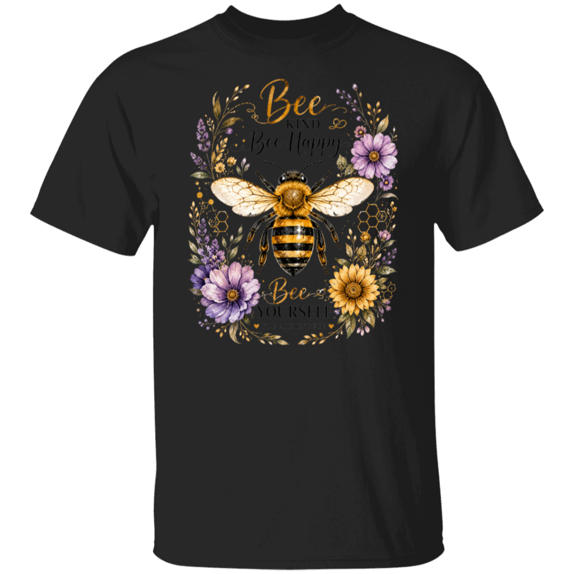 A black short-sleeve crewneck t-shirt featuring a large graphic print on the front. The design depicts a detailed yellow and black bumblebee surrounded by purple flowers, gold script text reading 'Bee Happy Bee Yours!', and green foliage.