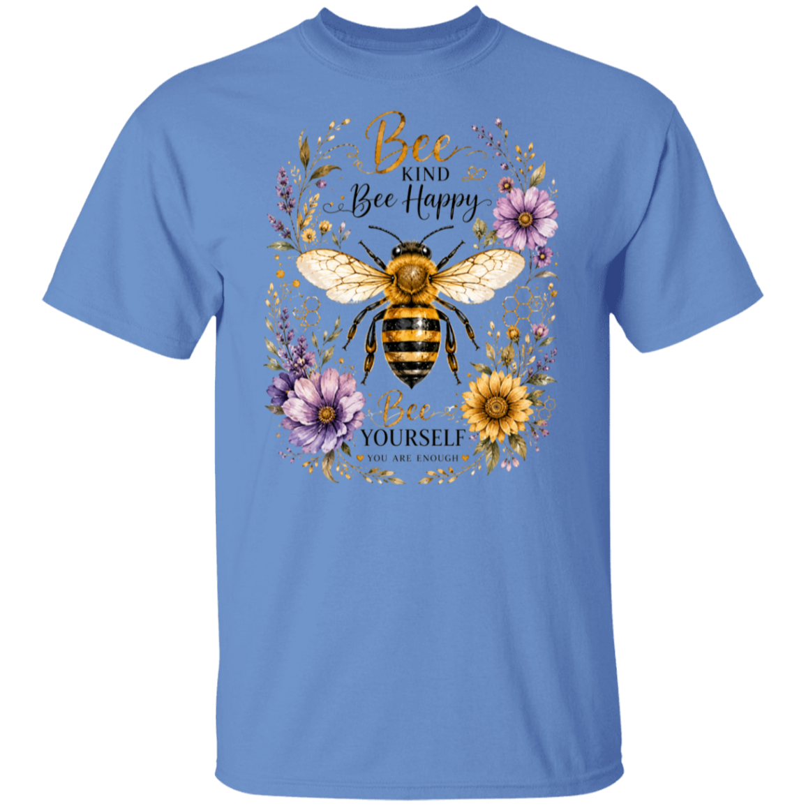 A carolina blue short-sleeve crewneck t-shirt featuring a large graphic print of a honeybee surrounded by purple flowers and the text 'Bee Kind Bee Happy Bee Yourself'.