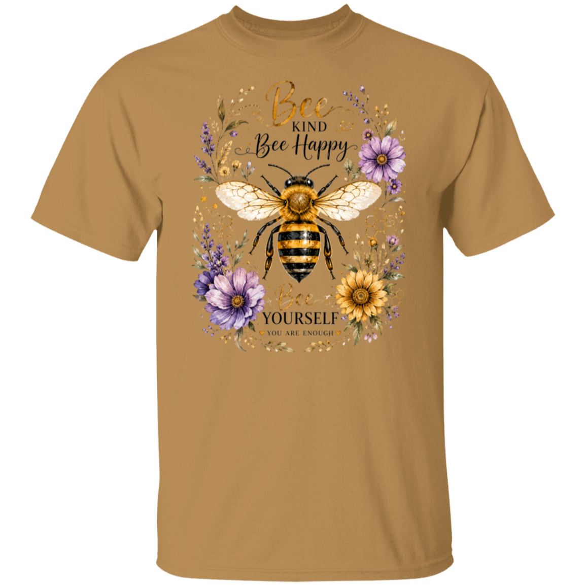 An old gold crewneck t-shirt featuring a central graphic of a bumblebee surrounded by purple flowers, yellow sunflowers, and gold glitter-textured lettering that reads 'Bee Kind Bee Happy' and 'Bee Yourself You Are Enough'.