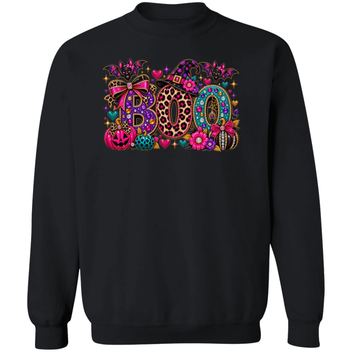 A black crewneck sweatshirt featuring a colorful graphic on the chest spelling 'BOO' in Halloween-themed patterns including leopard print, jack-o'-lanterns, flowers, and bows.