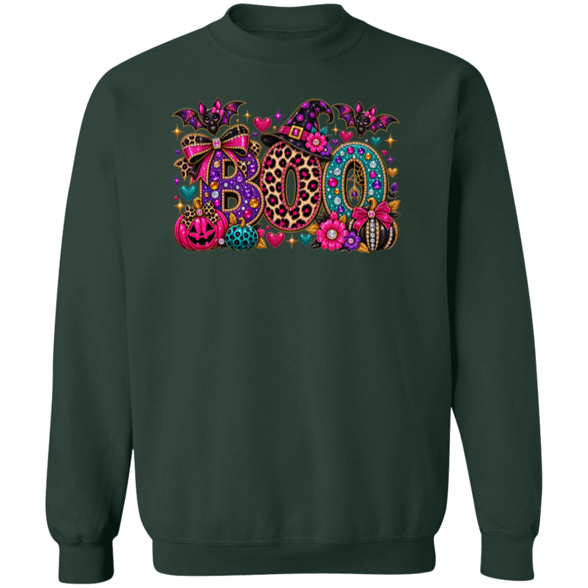 A forest green crewneck sweatshirt featuring a vibrant, multi-colored graphic on the chest that spells 'BOO' in leopard print, pink, purple, and teal patterns, surrounded by pumpkins, flowers, and witch hats.