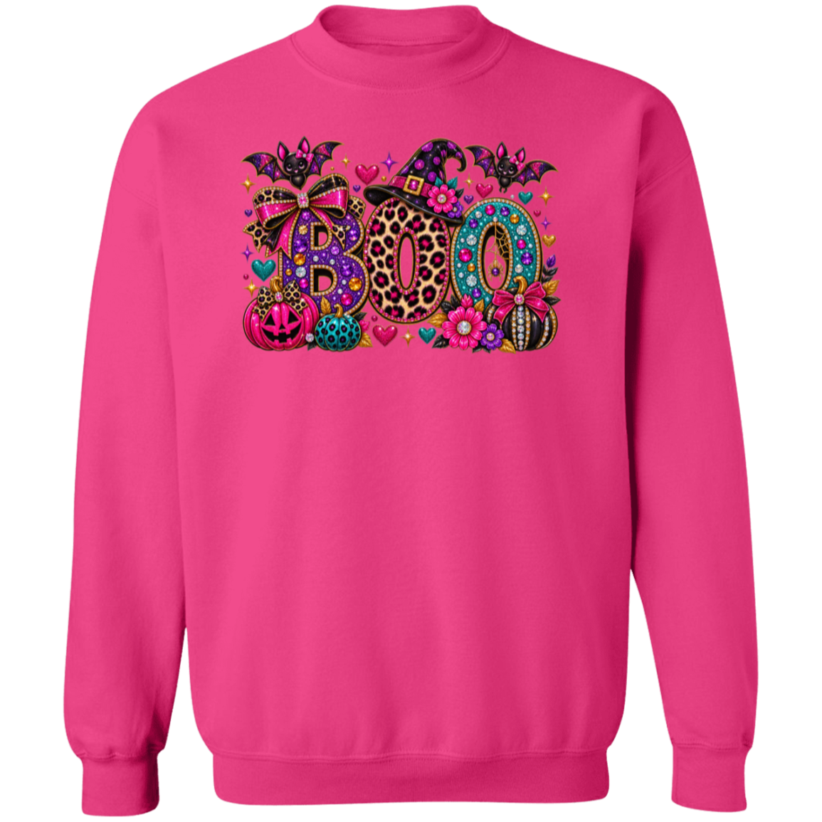 A heliconia crewneck sweatshirt featuring a colorful graphic on the chest spelling 'BOO' in leopard print, leopard print, and patterned fonts, decorated with Halloween motifs like pumpkins, bats, and hearts.