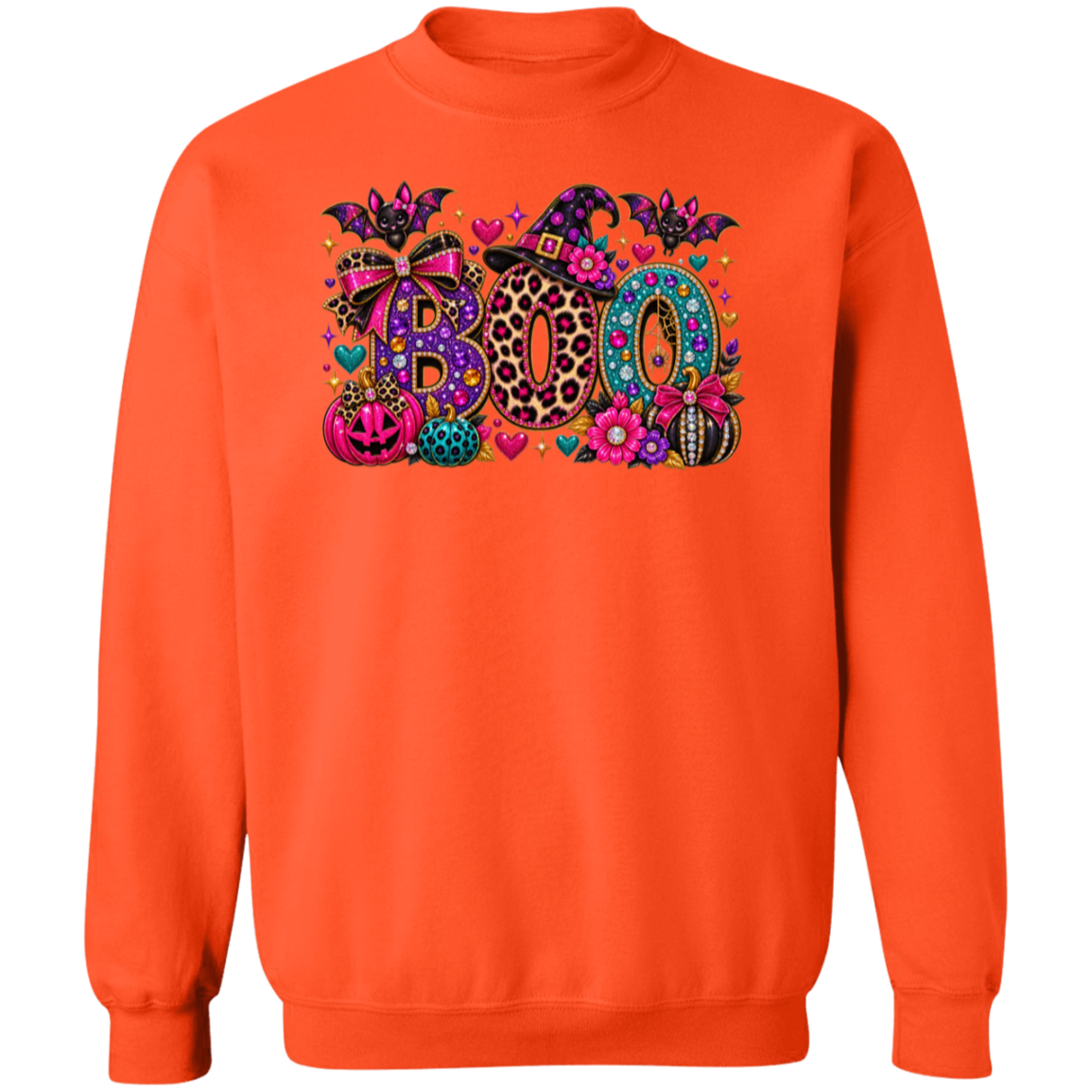An orange crewneck sweatshirt featuring a colorful, patterned graphic spelling 'BOO' with Halloween motifs like pumpkins, bats, and a witch hat.