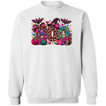 A white crewneck sweatshirt featuring a colorful, patterned graphic spelling 'BOO' with Halloween motifs like pumpkins, bats, and a witch hat.