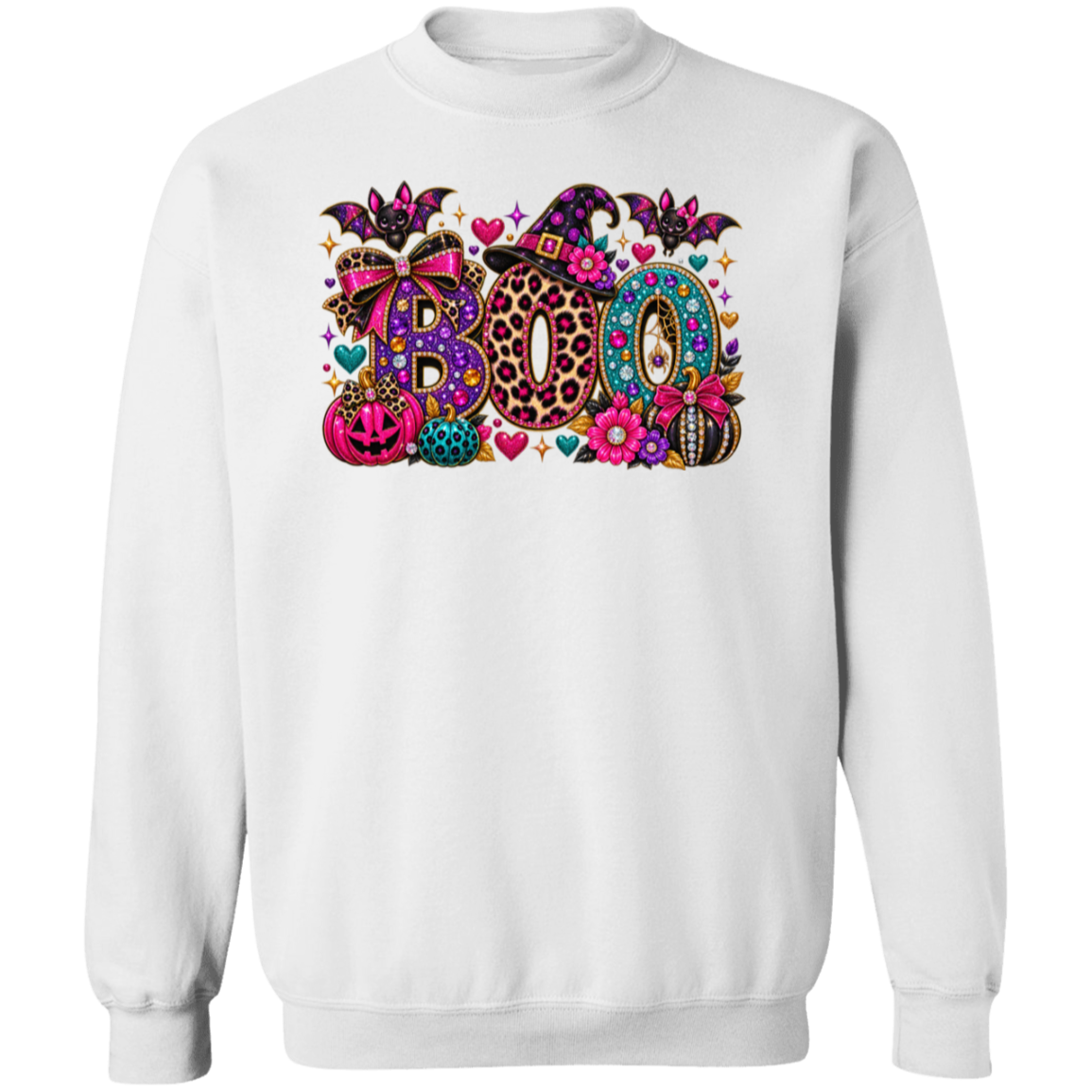 A white crewneck sweatshirt featuring a colorful, patterned graphic spelling 'BOO' with Halloween motifs like pumpkins, bats, and a witch hat.