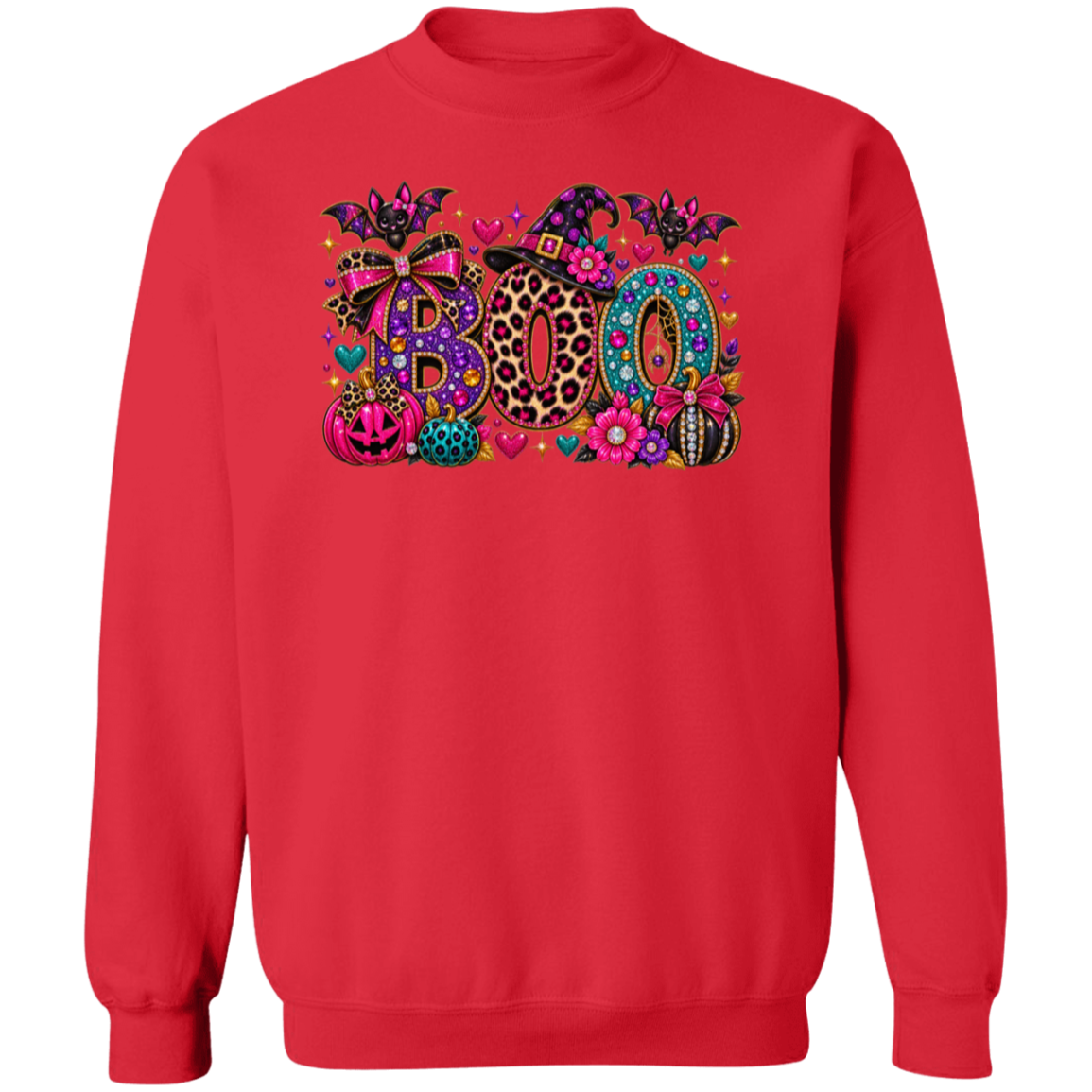 A red crewneck sweatshirt featuring a colorful, busy graphic on the chest spelling 'BOO' in leopard print, patterned fonts, decorated with pumpkins, bats, and flowers.