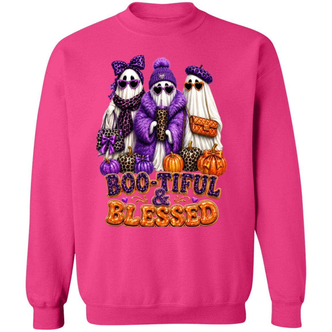 A heliconia crewneck sweatshirt featuring a colorful graphic of three cute, spooky ghosts in purple and white outfits with pumpkins and the text 'BOO-TIFUL & BLESSED' in purple and orange.