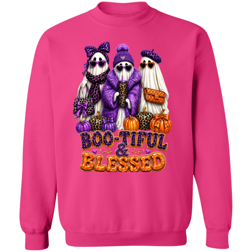 A heliconia crewneck sweatshirt featuring a colorful graphic of three cute, spooky ghosts in purple and white outfits with pumpkins and the text 'BOO-TIFUL & BLESSED' in purple and orange.