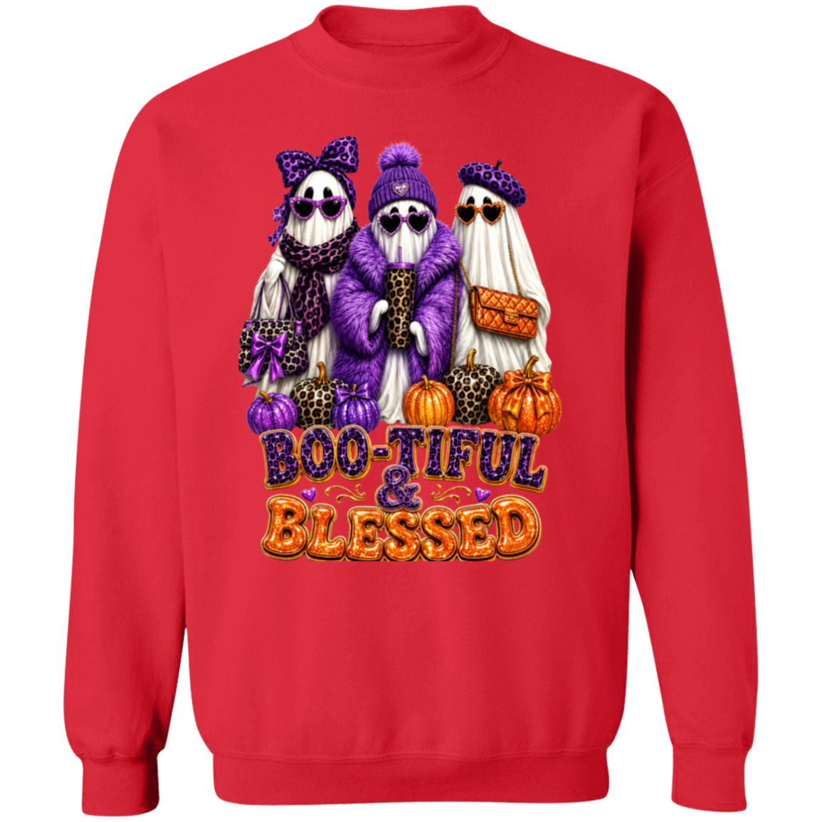 A red crewneck sweatshirt featuring a colorful graphic of three ghosts in purple and white outfits with pumpkins and the text 'BOO-TIFUL & BLESSED' in purple and orange.