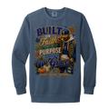 A blue jean color crewneck sweatshirt featuring a large, detailed graphic print on the front. The graphic depicts a man wearing a cap and gold chain next to pumpkins and autumn leaves, surrounded by text that reads 'BUILT ON Faith, LIVING BY PURPOSE, GIVING Grace'