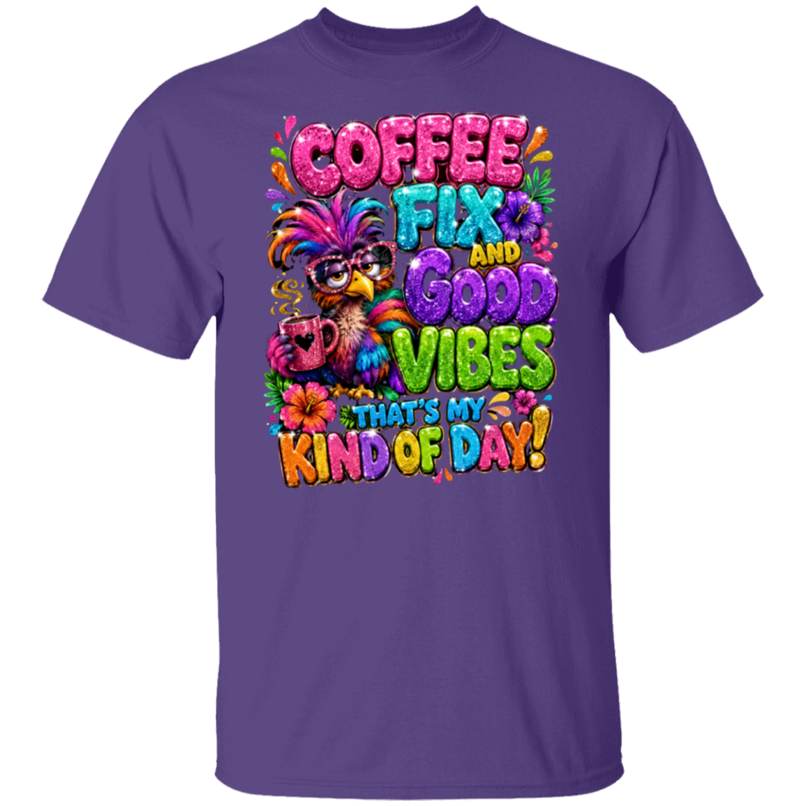 A purple color short-sleeve crewneck t-shirt featuring a colorful graphic print of a parrot wearing sunglasses and a feathered hat, surrounded by the text 'COFFEE FIX AND GOOD VIBES THAT'S MY KIND OF DAY!' in vibrant, playful lettering.