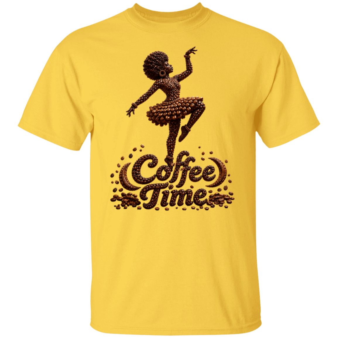 A daisy short-sleeve crewneck t-shirt featuring a dark brown graphic of a dancing ballerina composed of coffee beans above the words 'Coffee Time' in a coffee-bean-textured font, shown on a plain white background.