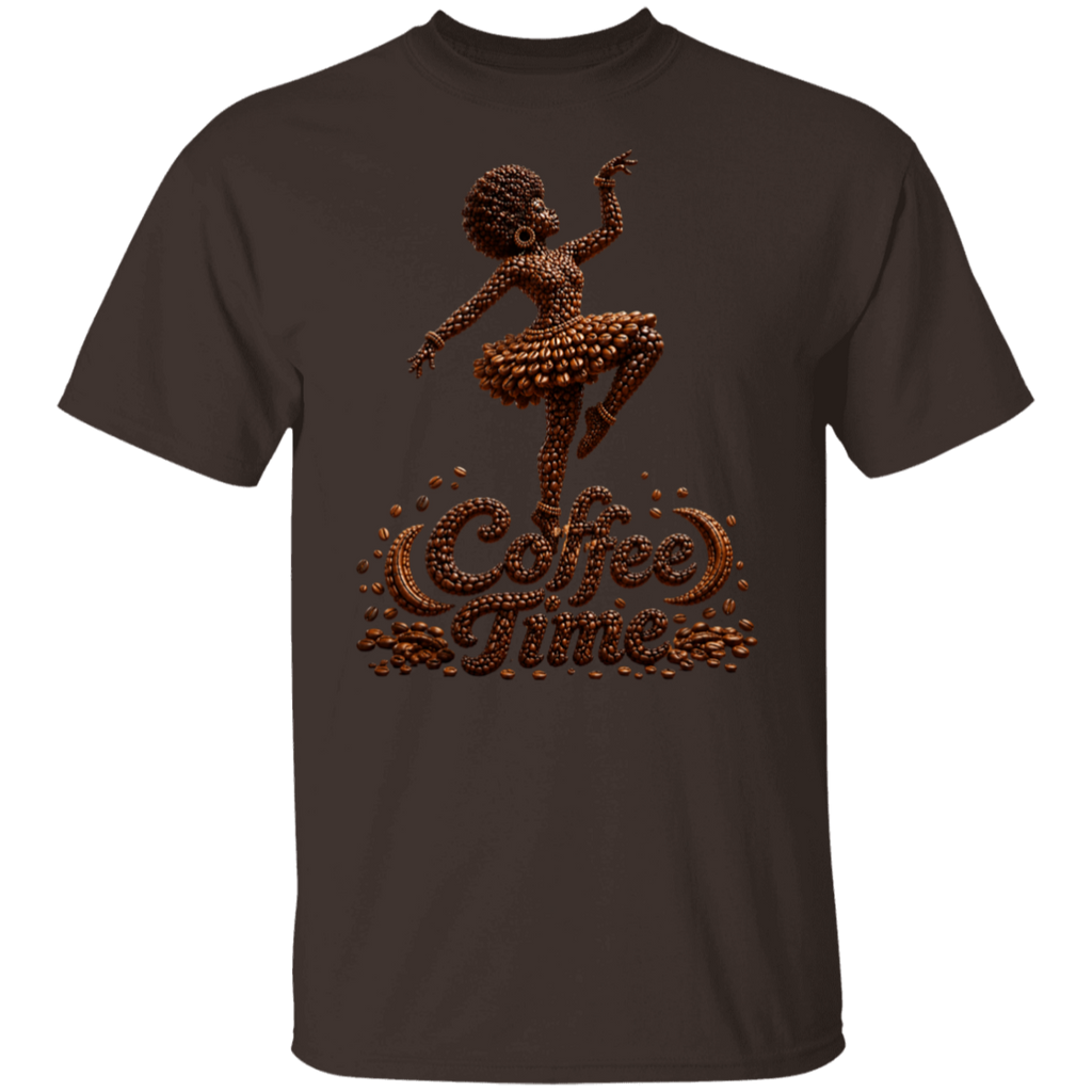 A dark chocolate color short-sleeve crewneck t-shirt featuring a graphic of a ballerina composed of coffee beans above the words 'Coffee Time' in a coffee bean pattern, shown on a plain white background.