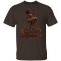 A dark chocolate color short-sleeve crewneck t-shirt featuring a graphic of a ballerina composed of coffee beans above the words 'Coffee Time' in a coffee bean pattern, shown on a plain white background.