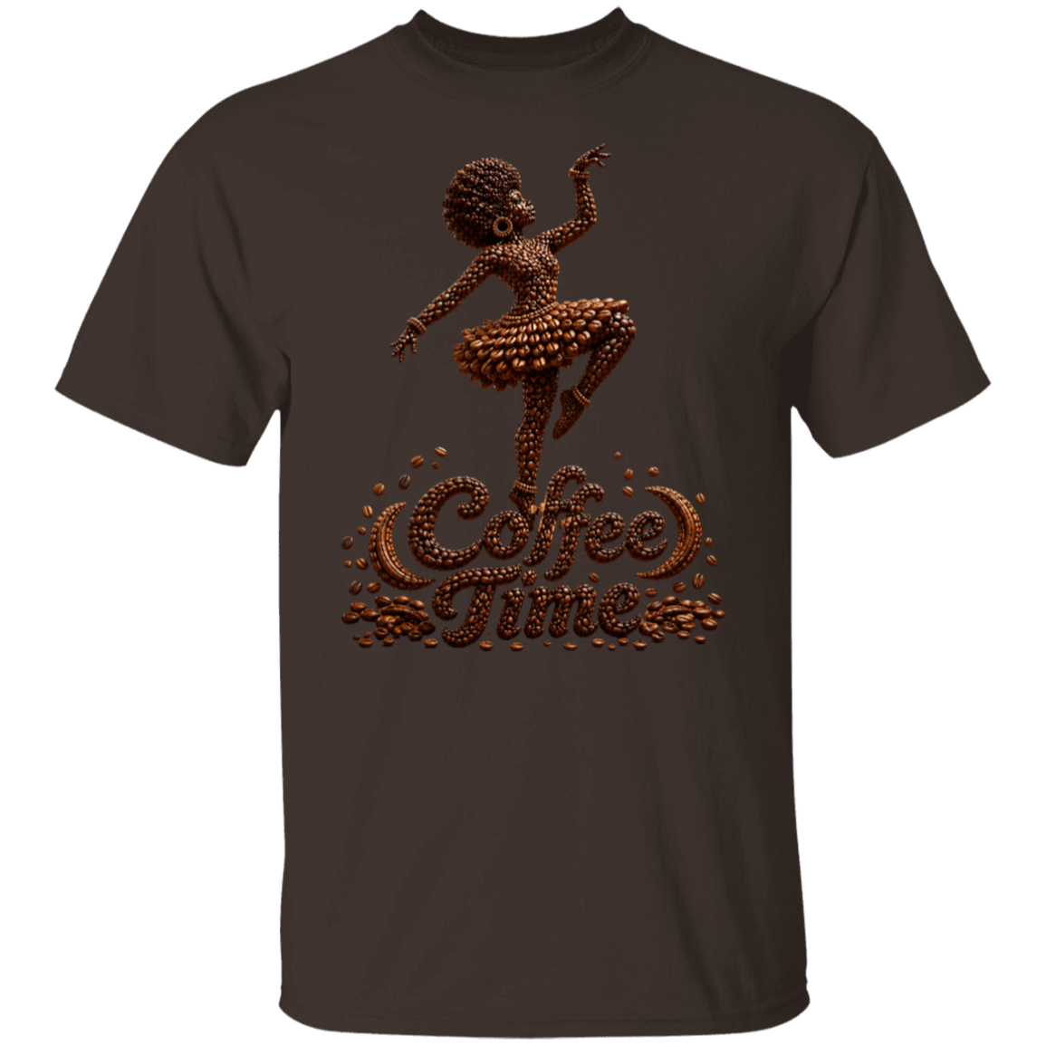 A dark chocolate color short-sleeve crewneck t-shirt featuring a graphic of a ballerina composed of coffee beans above the words 'Coffee Time' in a coffee bean pattern, shown on a plain white background.