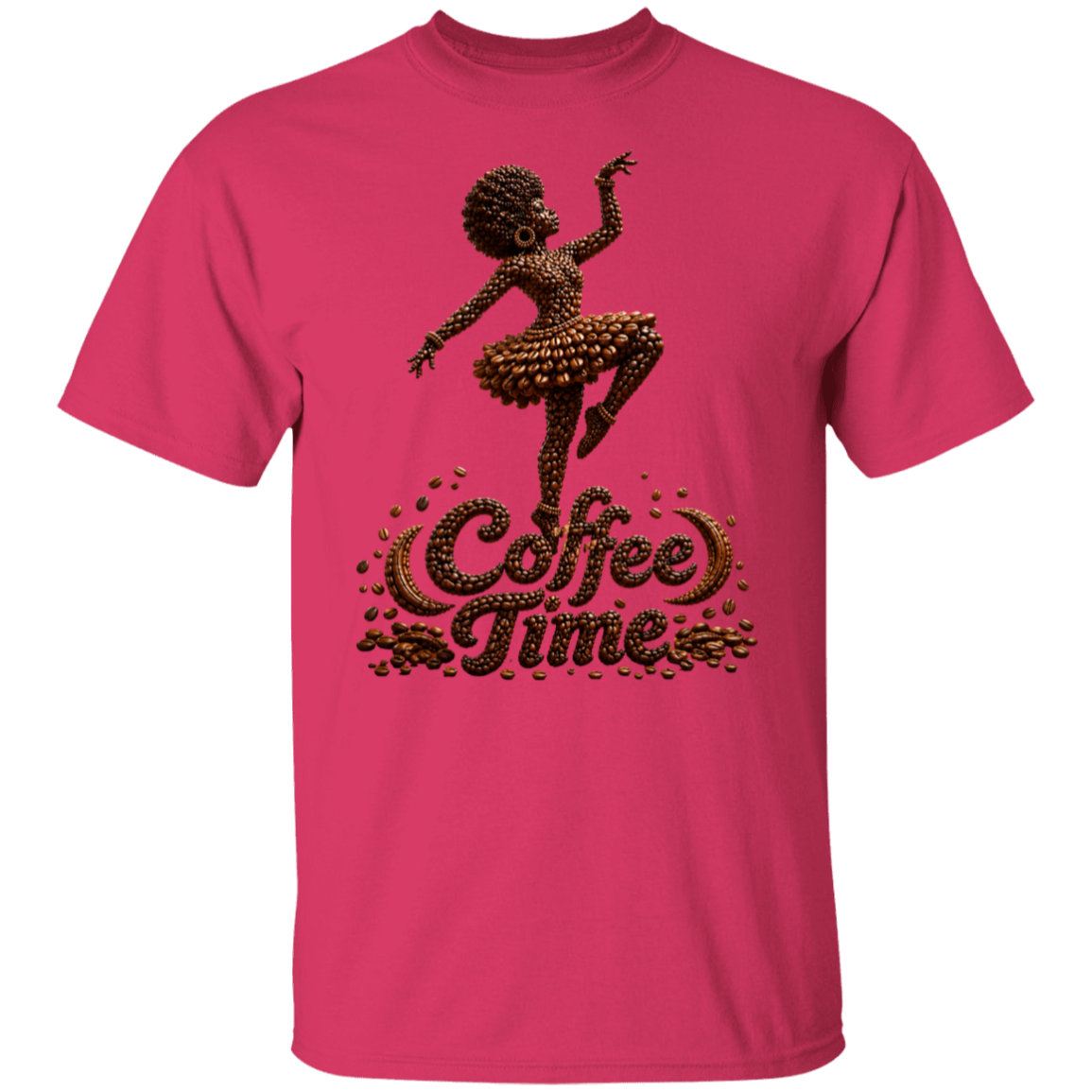 A heliconia color short-sleeve t-shirt with a graphic on the front showing a dancing woman made of coffee beans above the words 'Coffee Time' in a coffee-bean-textured font.