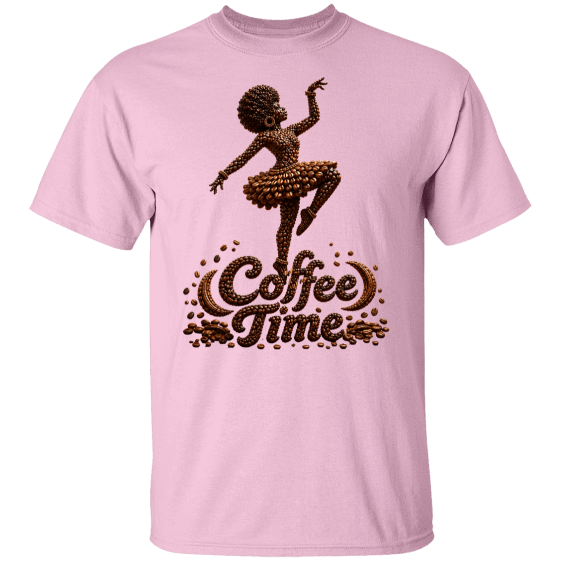 A light pink short-sleeve crewneck t-shirt featuring a graphic of a ballerina composed of coffee beans above the words 'Coffee Time' in a coffee bean pattern, shown on a plain white background.