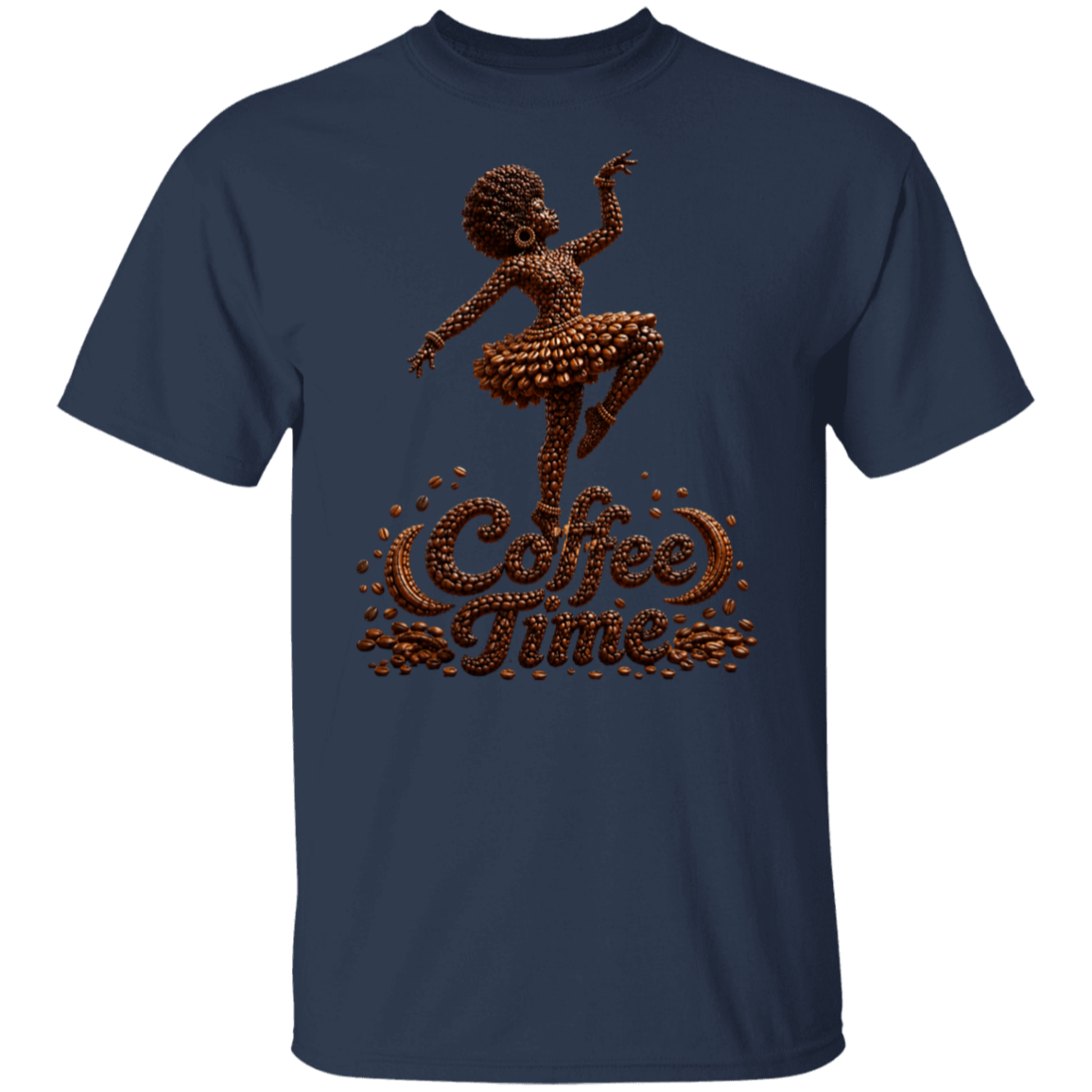 A navy blue short-sleeve crewneck t-shirt featuring a graphic print of a dancing figure made of coffee beans above the words 'Coffee Time' in a coffee bean pattern, set against a plain white background.