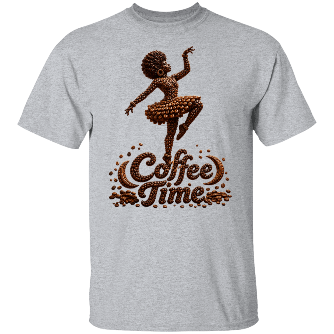 A sport grey color short-sleeve t-shirt featuring a graphic of a ballerina composed of coffee beans above the words 'Coffee Time' in a coffee bean pattern, shown on a plain white background.