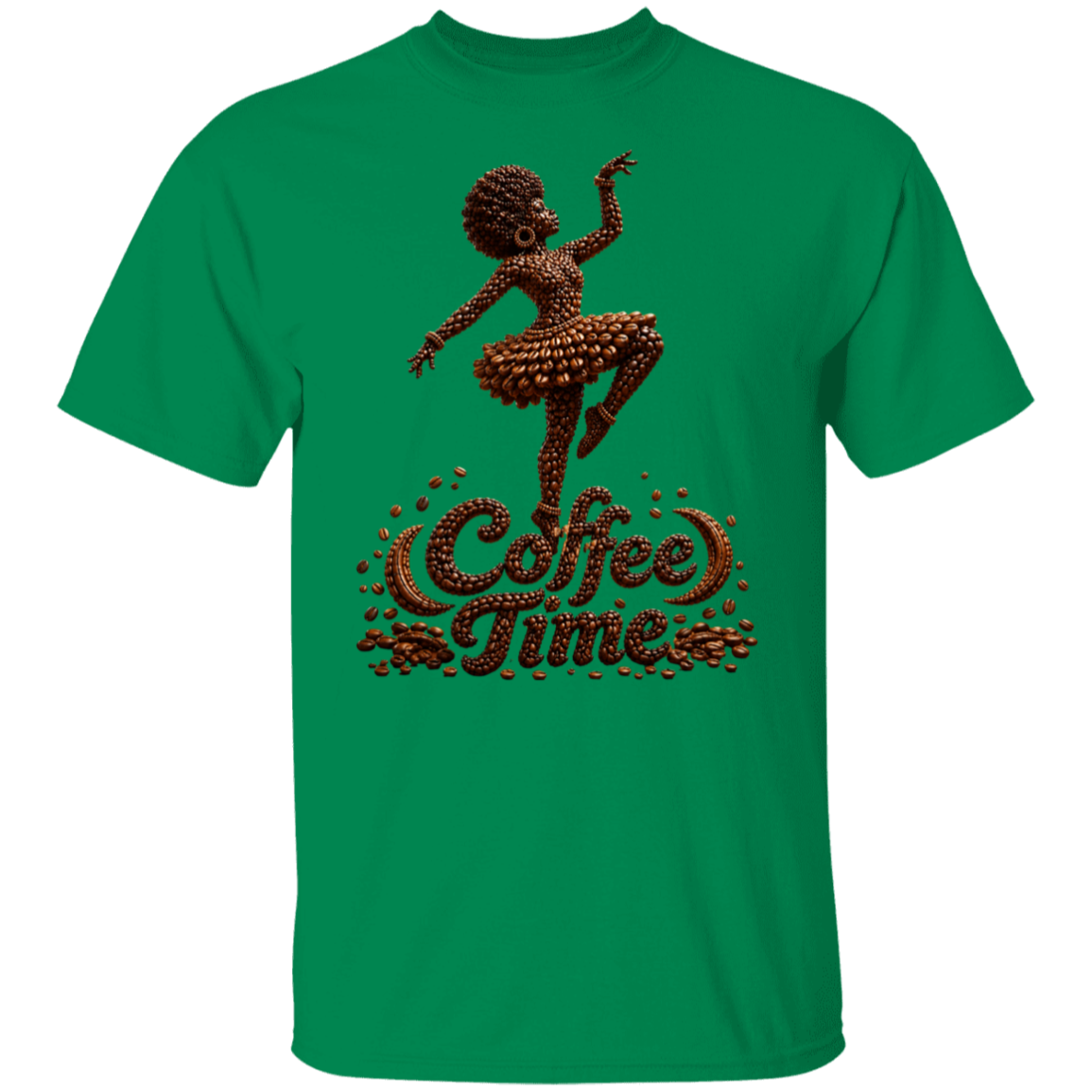 A turf green short-sleeve crewneck t-shirt featuring a graphic of a woman's silhouette made of coffee beans, with the words 'Coffee Time' in a stylized brown font below it.