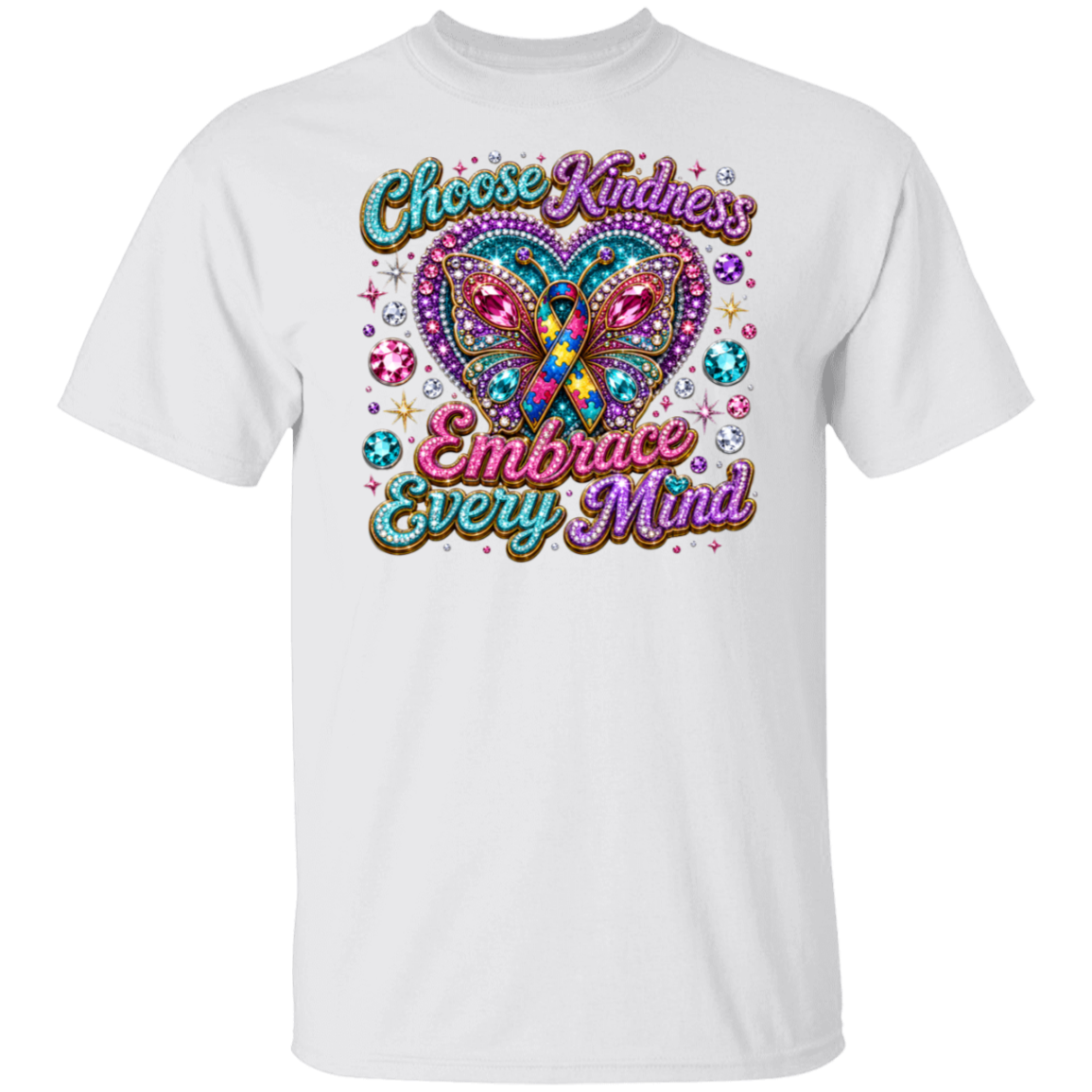 A white short-sleeve crewneck t-shirt featuring a colorful graphic on the front. The graphic displays a glittery butterfly with a teal and yellow awareness ribbon inside its wings, surrounded by sparkling gem illustrations, with the text 'Choose Kindness' above and 'Embrace Every Mind' below in a stylized, colorful font.