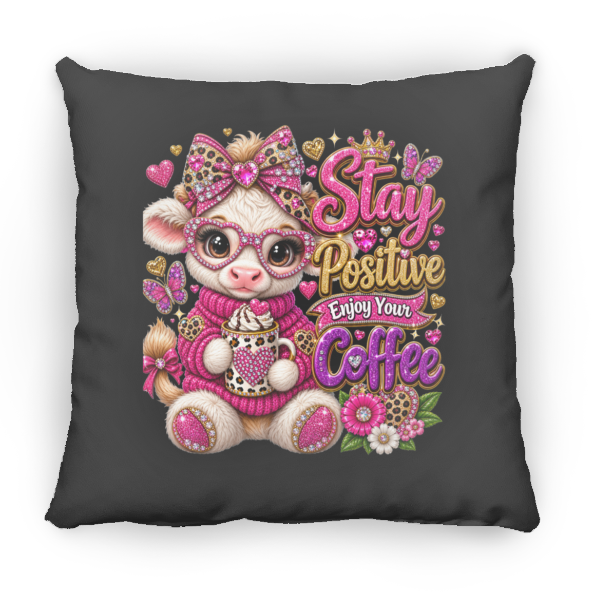 A square dark charcoal gray throw pillow featuring a colorful graphic print of a cute cartoon baby goat wearing pink leopard-print glasses, a pink knit sweater, and a pink bow, holding a heart-shaped coffee mug. The text reads 'Stay Positive Enjoy Your Coffee' in pink, gold, and purple lettering, surrounded by butterflies, hearts, and flowers.