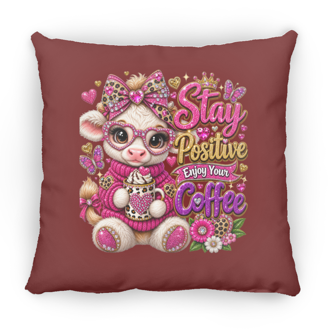 A square throw pillow in a dusty rose color, featuring a cute cartoon illustration of a goat wearing pink glasses, a leopard-print bow, and a pink sweater, holding a coffee mug next to the text 'Stay Positive Enjoy Your Coffee' in pink, gold, and purple lettering.