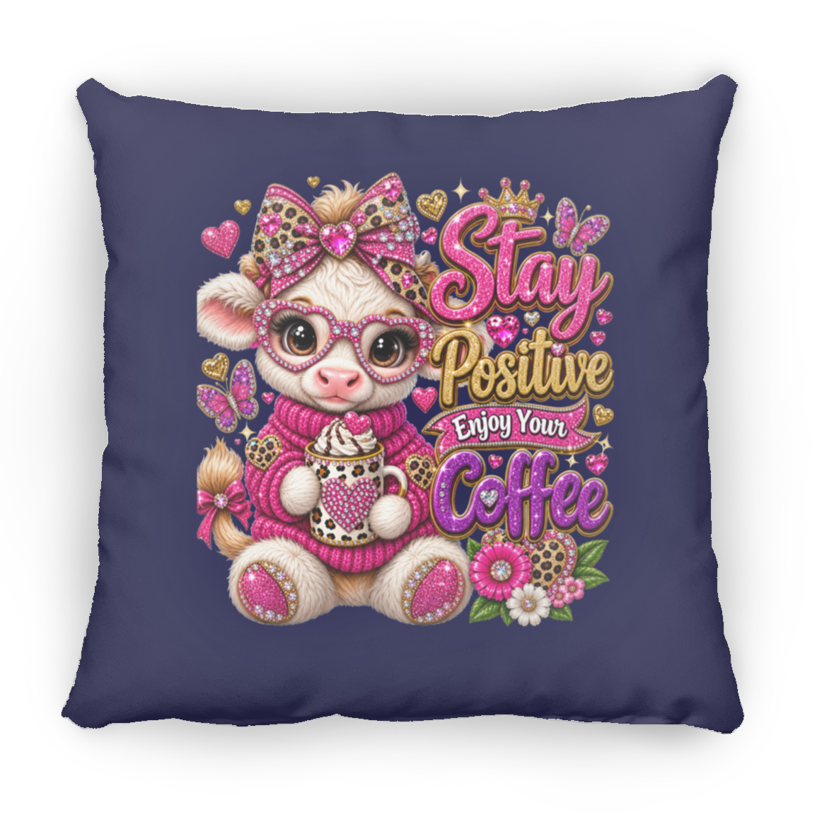 A square navy blue throw pillow featuring a cute cartoon baby goat wearing pink glasses and a pink sweater, holding a coffee mug next to the text 'Stay Positive Enjoy Your Coffee' in pink, gold, and purple lettering, surrounded by butterflies, flowers, and hearts.