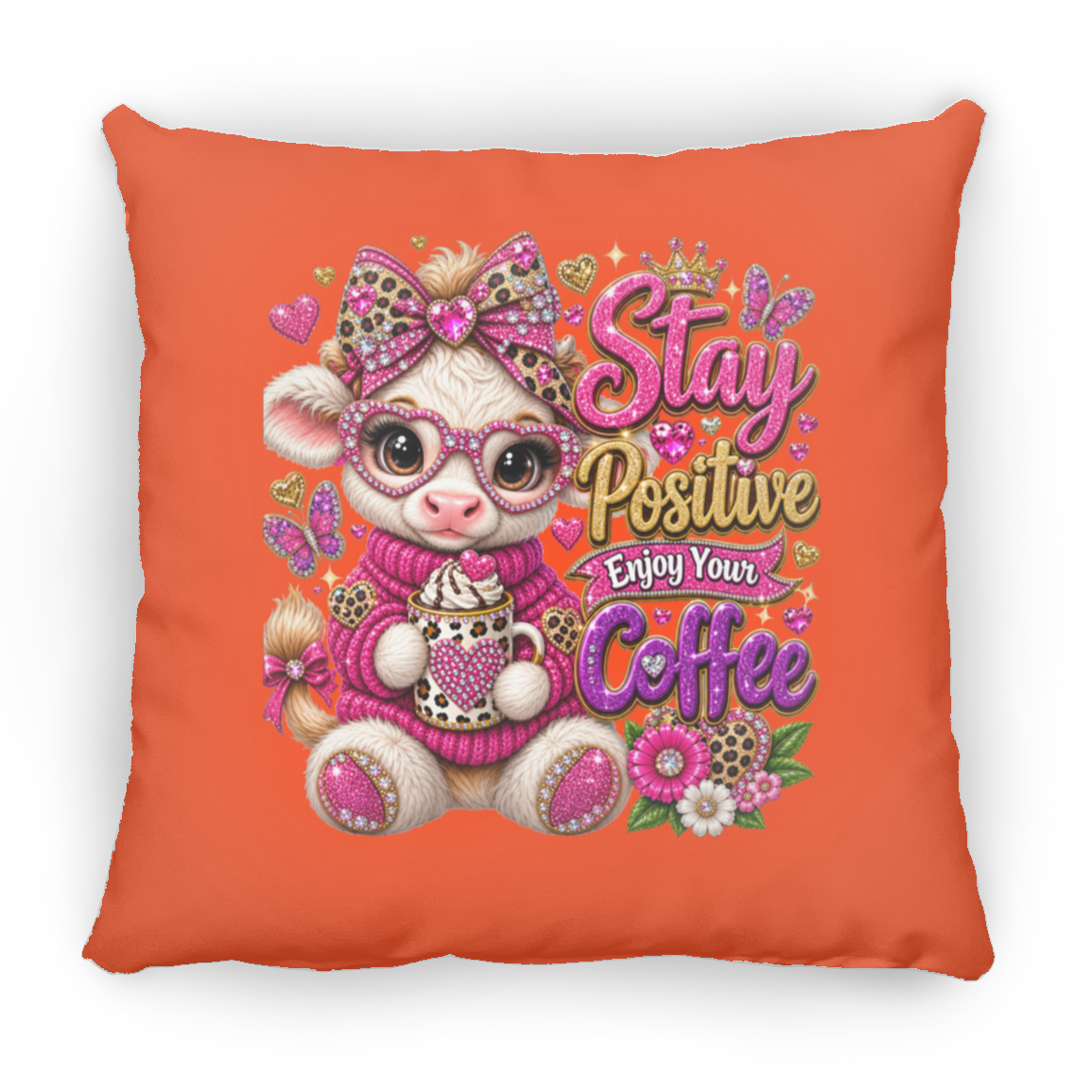 An orange square throw pillow featuring a cute cartoon baby goat wearing pink and leopard-print clothing, holding a coffee mug, with the text 'Stay Positive Enjoy Your Coffee' in pink and gold lettering.