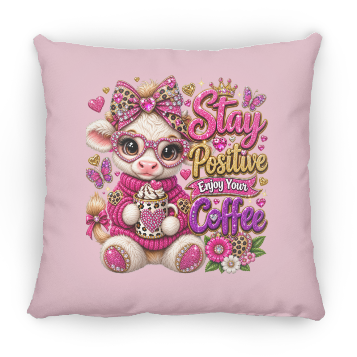 A square pink throw pillow featuring a cute cartoon baby goat wearing pink glasses and a pink sweater, holding a heart-shaped coffee mug. The text reads 'Stay Positive Enjoy Your Coffee' in pink and gold lettering, surrounded by hearts, butterflies, and flowers.