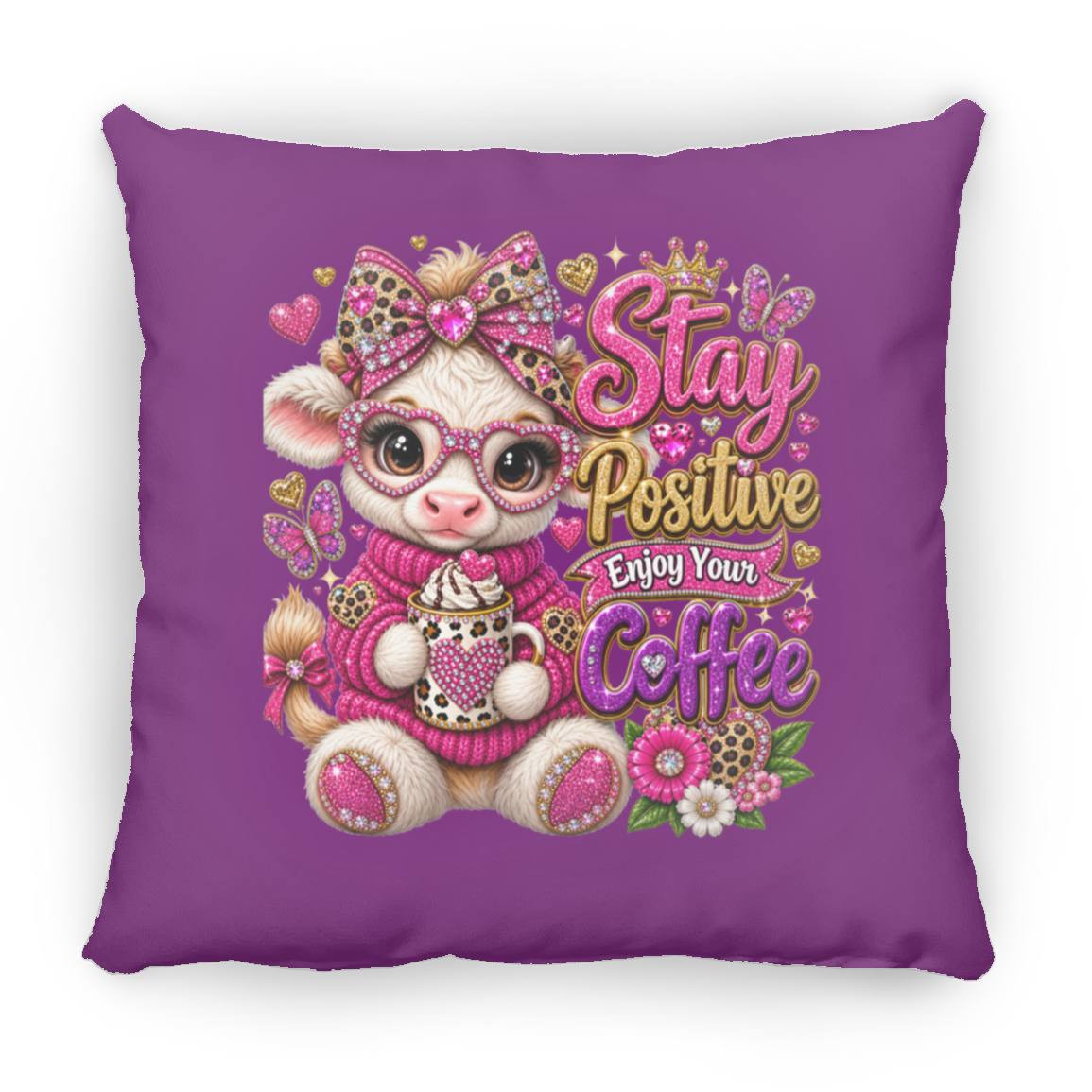 A square purple throw pillow featuring a cute cartoon baby goat wearing pink glasses, a leopard-print bow, and a pink sweater, holding a coffee mug next to the text 'Stay Positive Enjoy Your Coffee' in pink, gold, and purple lettering.