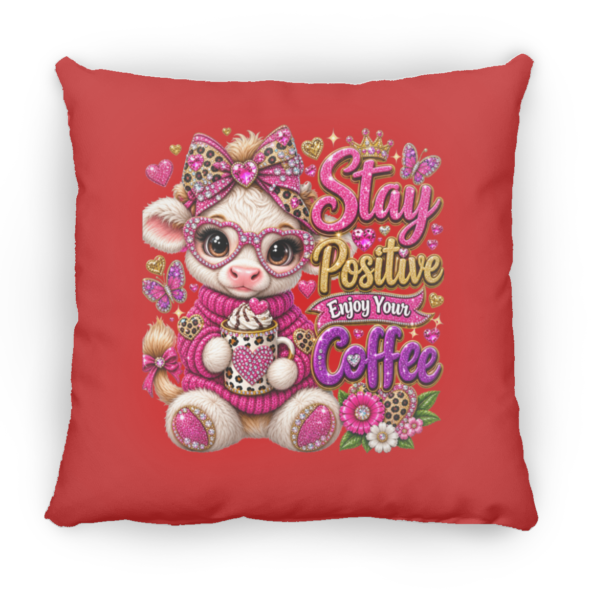 A square red throw pillow featuring a cute cartoon bear wearing pink leopard-print accessories and a pink sweater, holding a coffee mug next to the decorative text 'Stay Positive Enjoy Your Coffee' in pink, gold, and purple lettering.