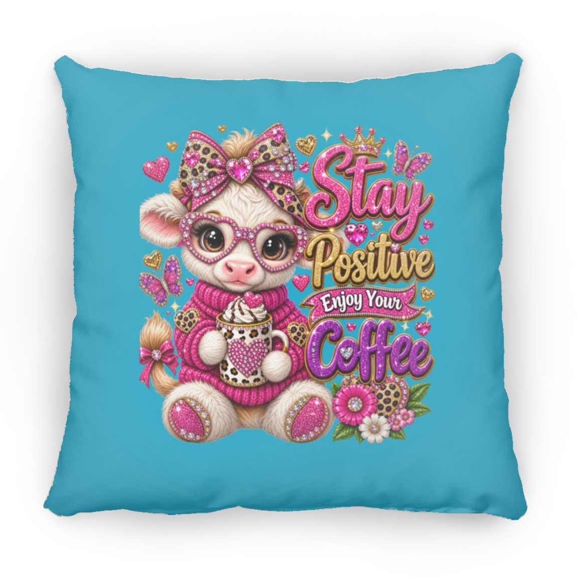 A square turquoise throw pillow featuring a cute cartoon baby goat wearing pink leopard-print glasses, a pink knit sweater, and a pink bow, holding a coffee mug next to the text 'Stay Positive Enjoy Your Coffee' in pink and gold lettering.